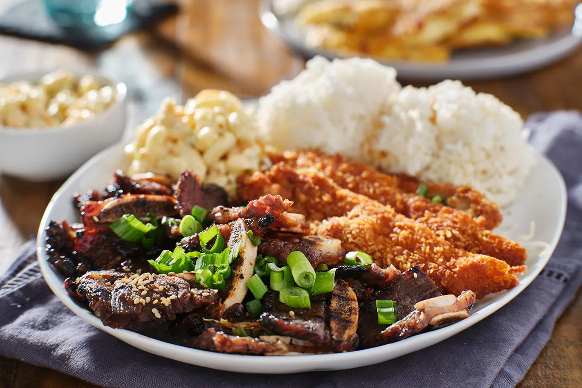 hawaiian bbq plate with mix of chicken katsu, korean kalbi beef