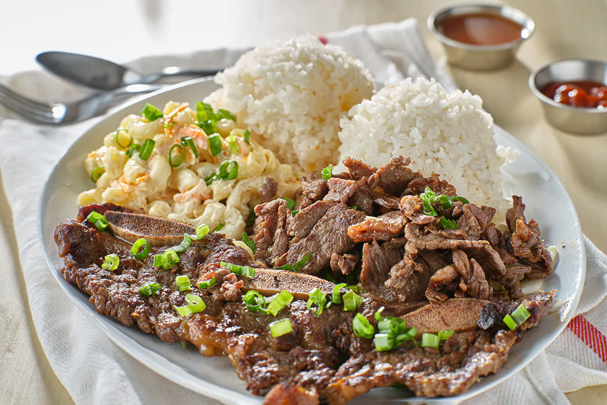 hawaiian bbq plate with korean beef kalbi ribs and white rice