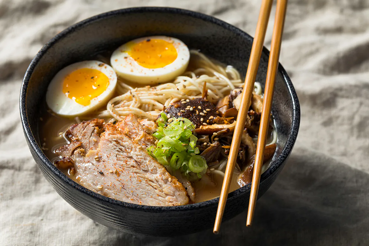 Homemade Japanese Pork Tonkotsu Ramen with Mushrooms and Eggs